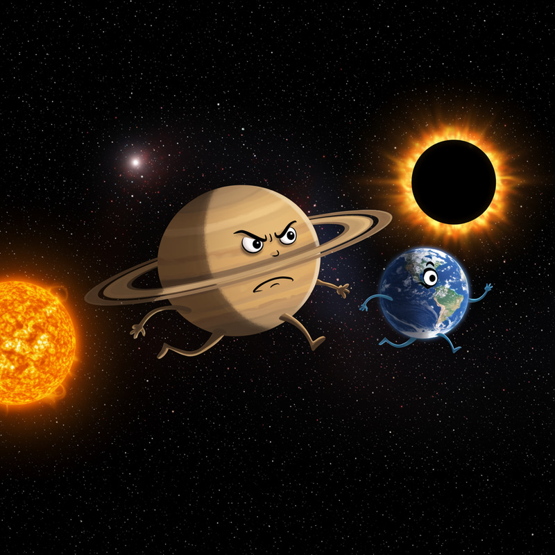 Saturn Chases Earth in a Whimsical Cosmic Scene Saturn Chases Earth in a Whimsical Cosmic Scene
