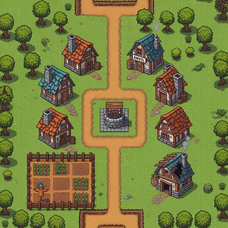 Retro RPG Overworld Pixel Map of a Medieval Village