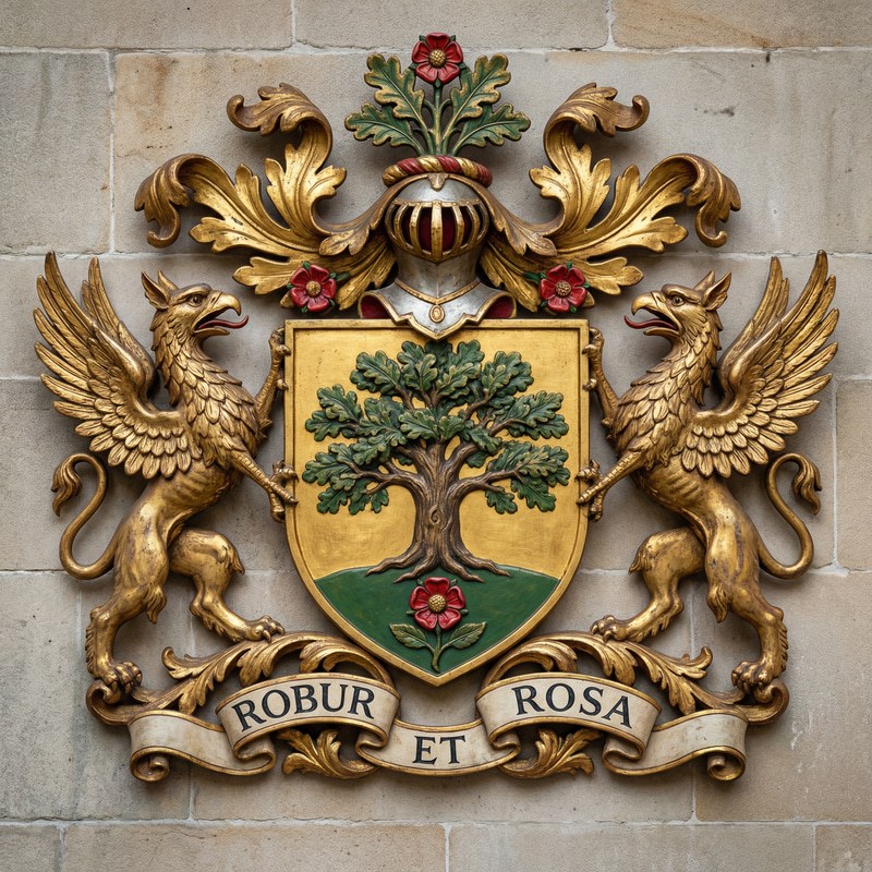 Classic Noble Family Crest: Shield, Oak Tree & Rose Classic Noble Family Crest: Shield, Oak Tree & Rose