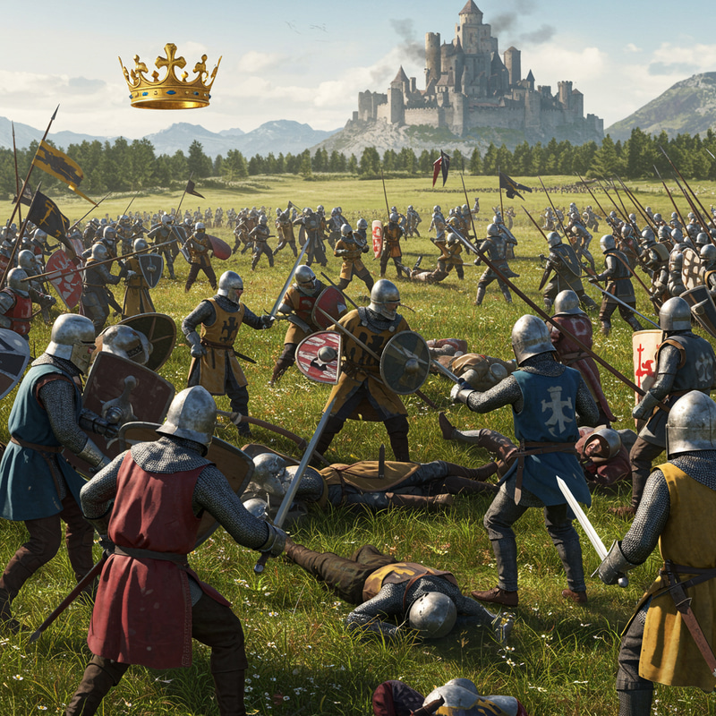 Vibrant Medieval Battle Scene with Castle & Crown Vibrant Medieval Battle Scene with Castle & Crown