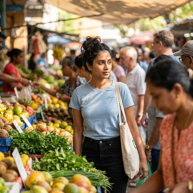 Vibrant Marketplace Scene with Thoughtful Woman Vibrant Marketplace Scene with Thoughtful Woman