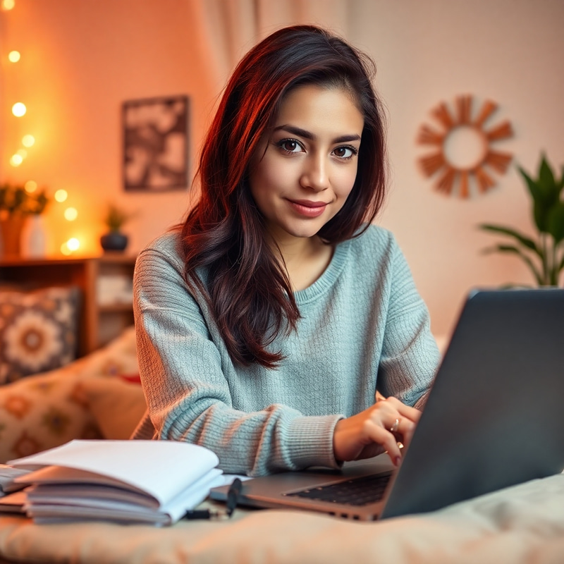 Cozy Lofi Vibes: Hispanic Woman Writing on Laptop Cozy Lofi Vibes: Hispanic Woman Writing on Laptop