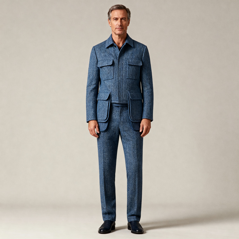 Men's Blue Herringbone Tweed Suit - Stylish & Modern