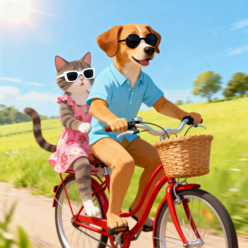 Dog and Cat Riding Bicycle in Summer Gear Dog and Cat Riding Bicycle in Summer Gear
