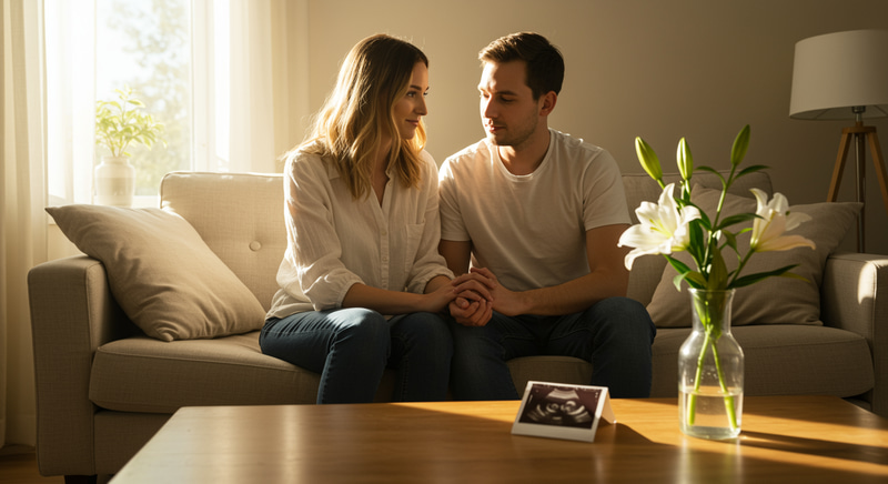 Warm Moments: Expecting Parents in a Sunlit Room Warm Moments: Expecting Parents in a Sunlit Room