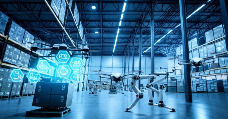 Futuristic Warehouse with Robots and Drones Futuristic Warehouse with Robots and Drones