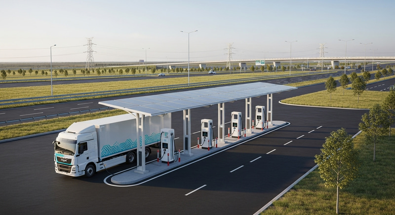 Electric Freight Truck Charging Station at Rest Stop Electric Freight Truck Charging Station at Rest Stop