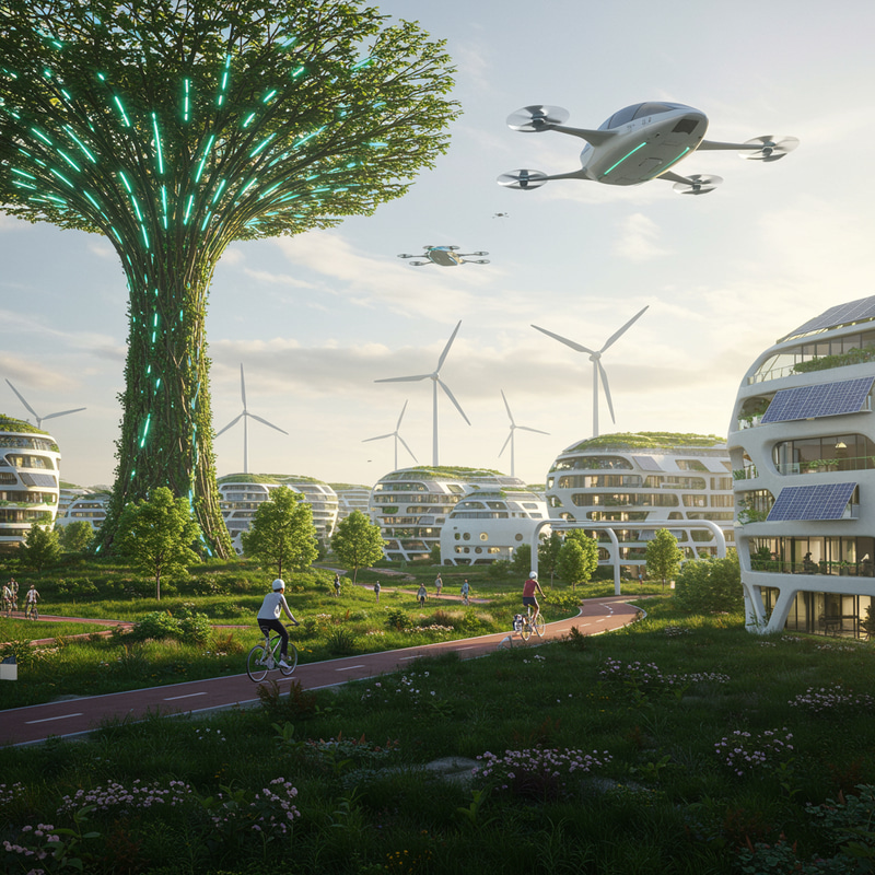 Futuristic Village with Solar Panels & Flying Cars Futuristic Village with Solar Panels & Flying Cars