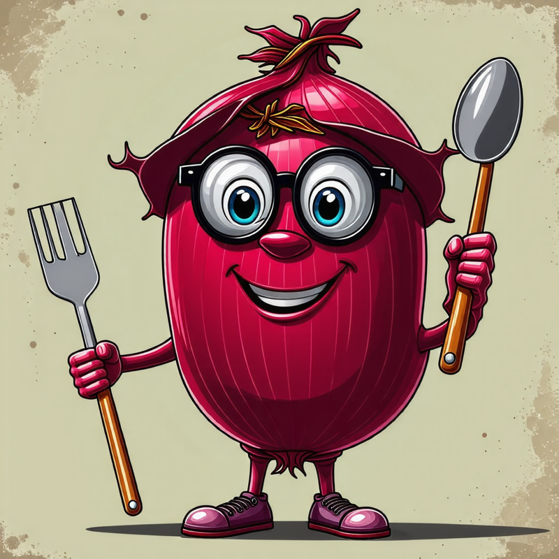 Fun Red Onion Mascot with Spatula for Cooking Fun Red Onion Mascot with Spatula for Cooking