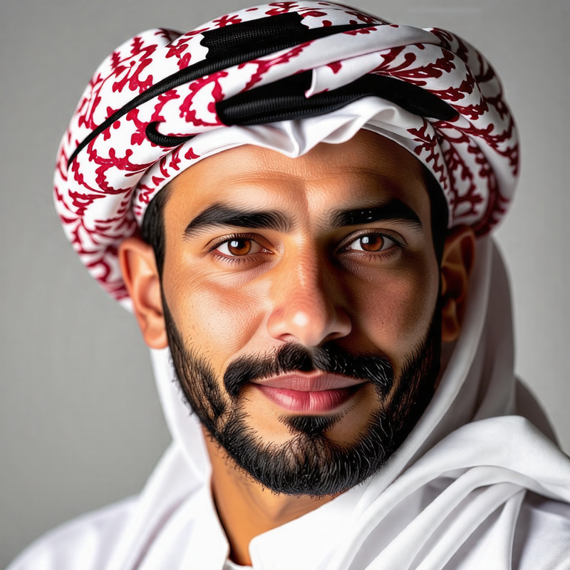 Modern Middle-Eastern Man in Stylish Thawb and Taqiyah Modern Middle-Eastern Man in Stylish Thawb and Taqiyah