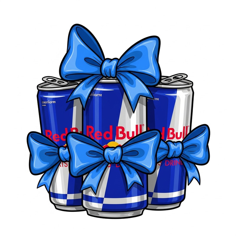 Cartoon Red Bull Energy Drink Cans with Blue Bow Cartoon Red Bull Energy Drink Cans with Blue Bow