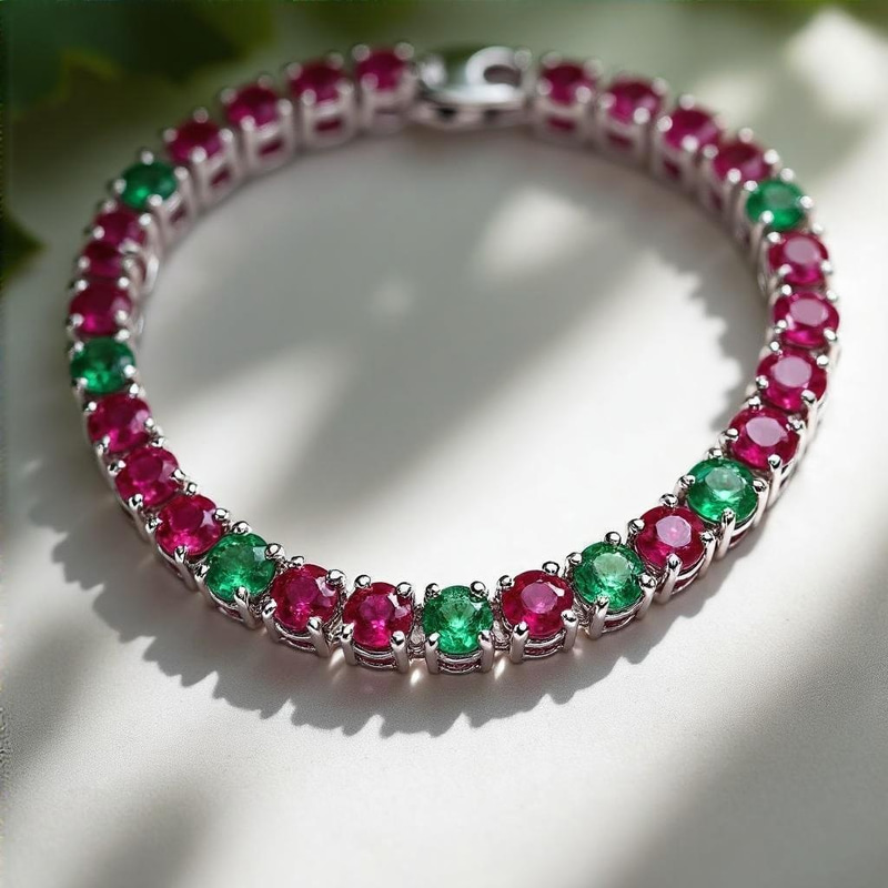 Elegant White Gold Tennis Necklace with Rubies & Emeralds