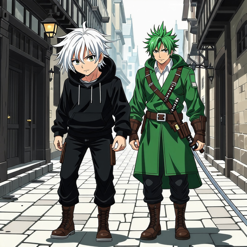 Anime Boy in Hoodie Strolling Medieval Fantasy Streets Anime Boy in Hoodie Strolling Medieval Fantasy Streets