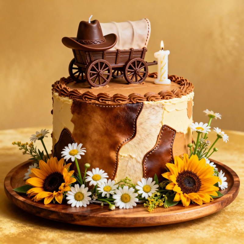 Cowgirl Birthday Cake with Wagon Wheel & Flowers