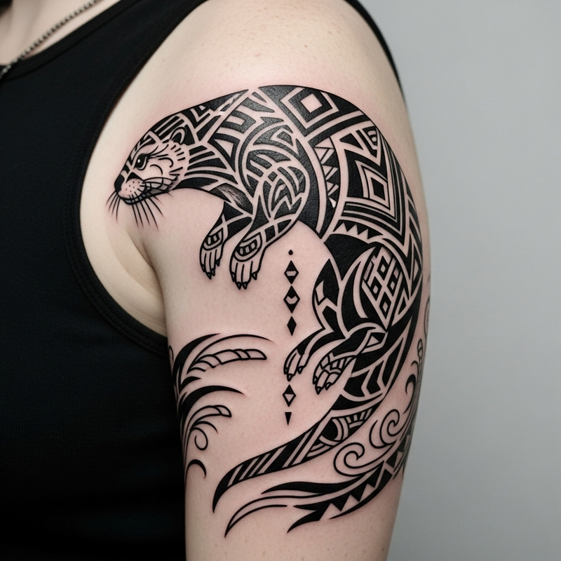 Tribal Geometric Otter Tattoo for Upper Arm