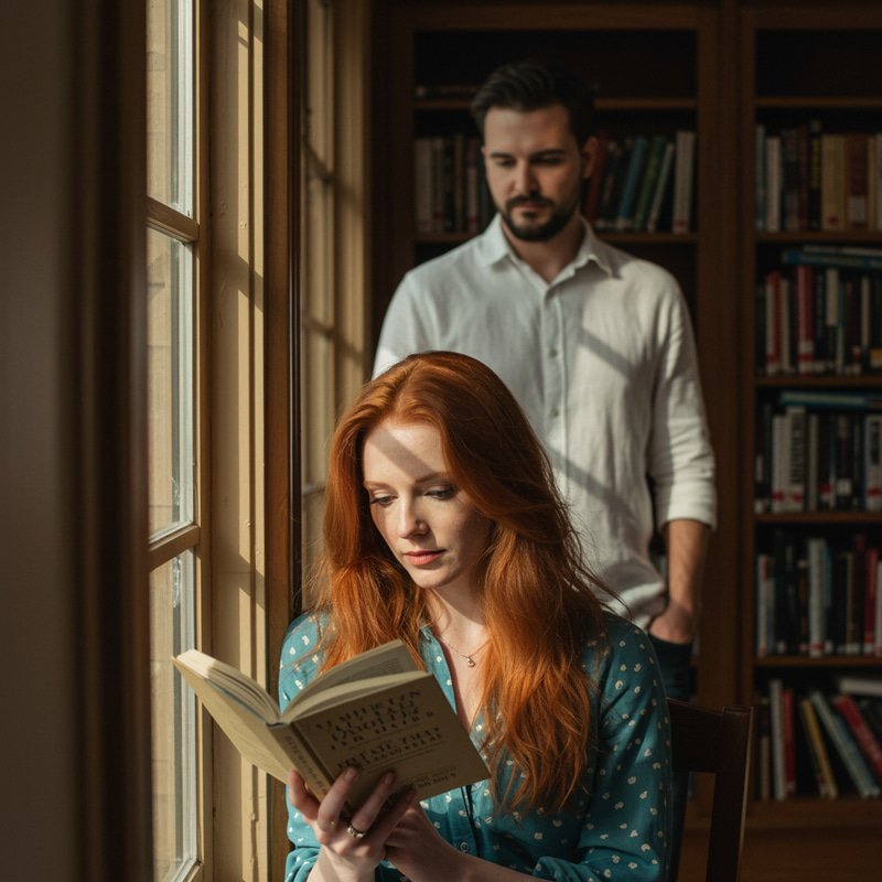 Woman Reading a Book with Man Behind Her Woman Reading a Book with Man Behind Her