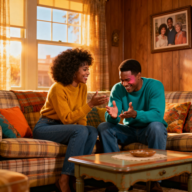 Warm Smiles in a 90s Sitcom Living Room