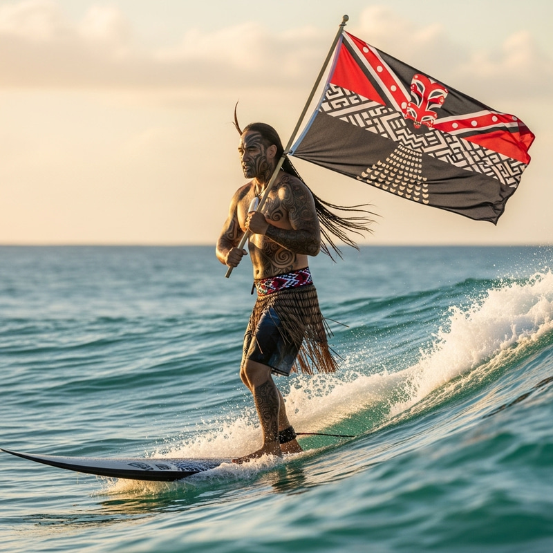 Maori Warrior on Surfboard with Flag Maori Warrior on Surfboard with Flag