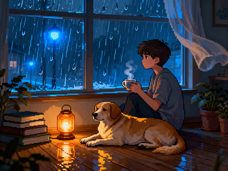 Serene Pixel Art of Boy and Dog in the Rain Serene Pixel Art of Boy and Dog in the Rain