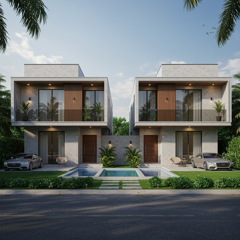 Modern Twin Villa with Marble & Wood Design Modern Twin Villa with Marble & Wood Design