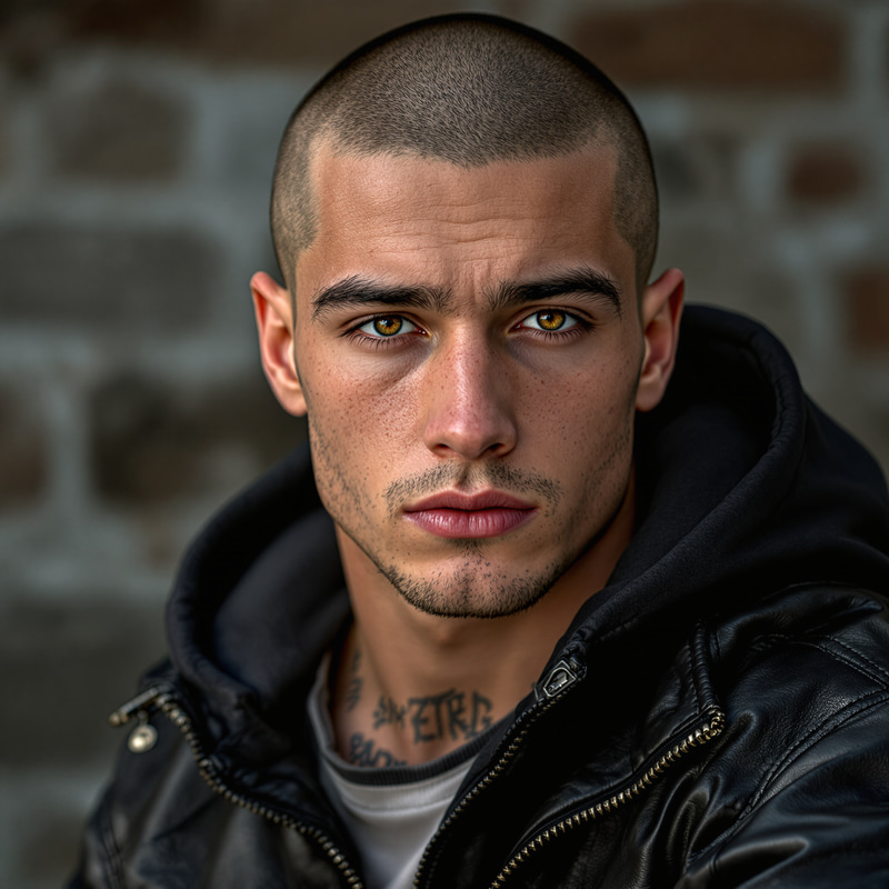 Tough Male Teen Portrait with Leather Hoodie Tough Male Teen Portrait with Leather Hoodie