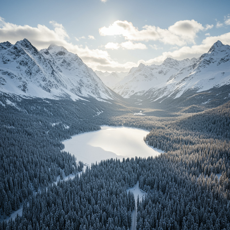 Snowy Country Surrounded by Mountains and Forest