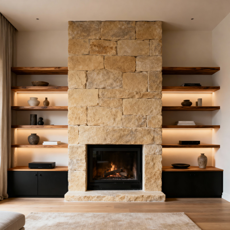 Stylish Media Wall with Sandstone Fireplace Stylish Media Wall with Sandstone Fireplace
