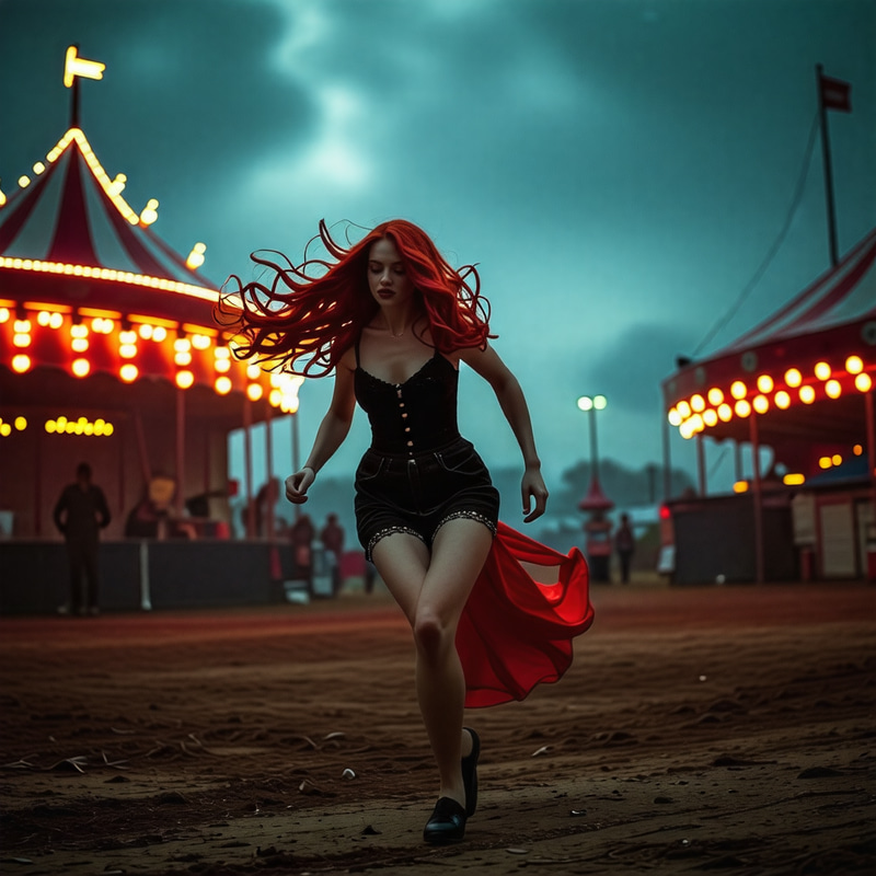 Red-Haired Woman Escapes Creepy Circus at Night Red-Haired Woman Escapes Creepy Circus at Night