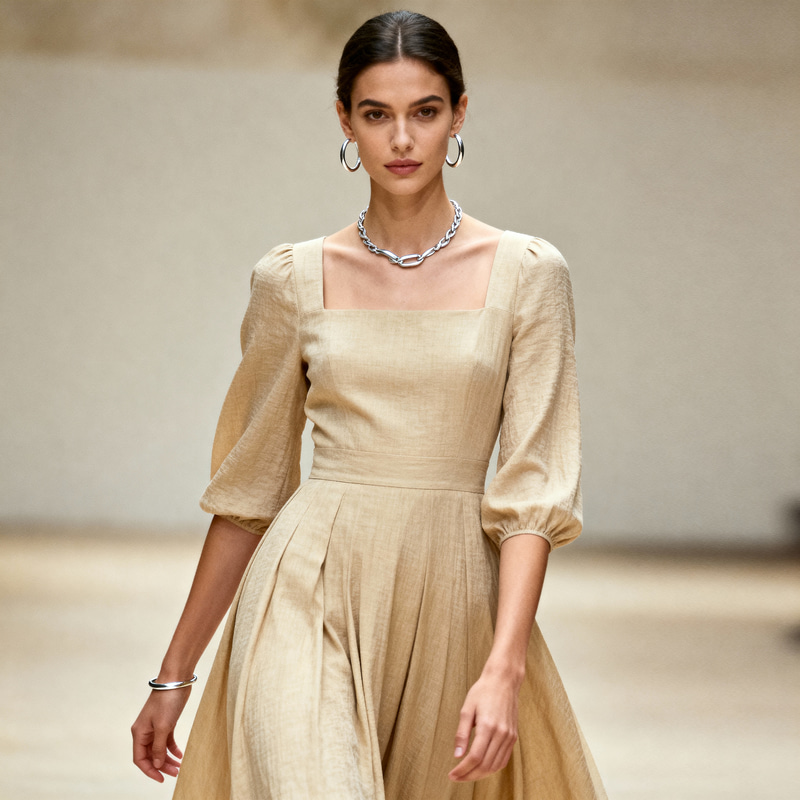 Beige Dress Model with Silver Accessories