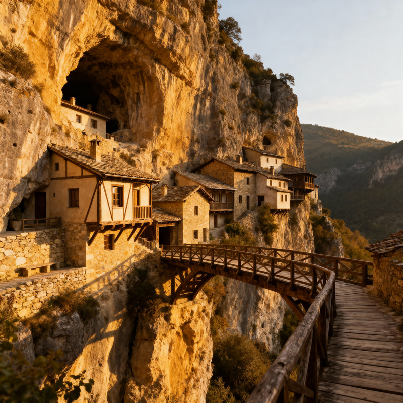 Cliffside Village with Wooden Bridges