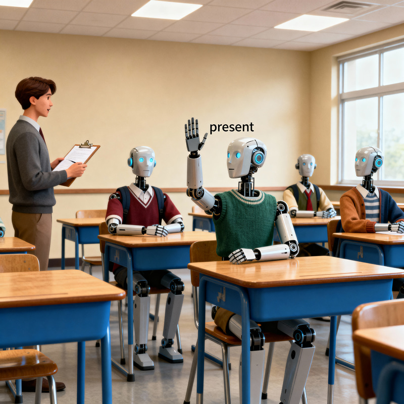 Robots in School: A Futuristic Classroom Scene Robots in School: A Futuristic Classroom Scene