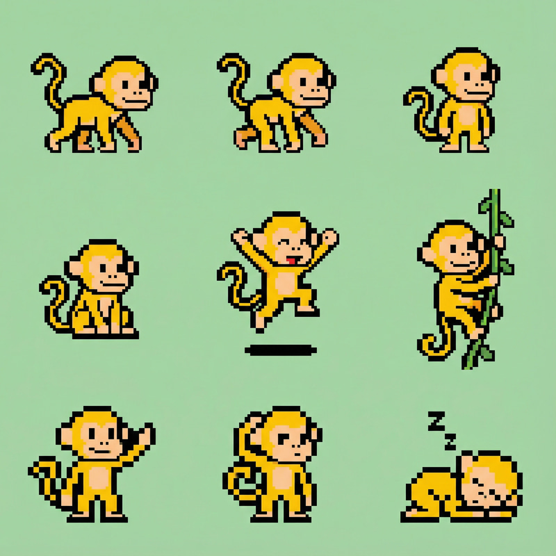 2D Pixel Yellow Monkey Character Poses