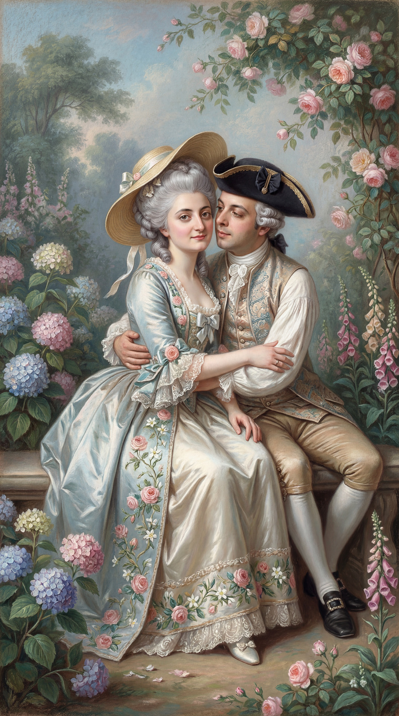 18th-Century Romantic Couple in Garden Portrait