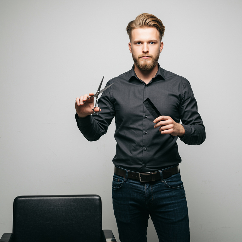 Expert Male Hairdresser with Scissors & Comb Expert Male Hairdresser with Scissors & Comb