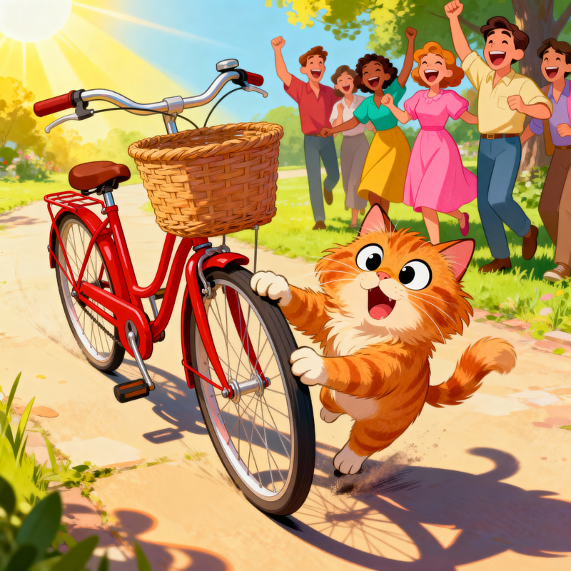 Whimsical Ginger Cat on a Vintage Bicycle Illustration