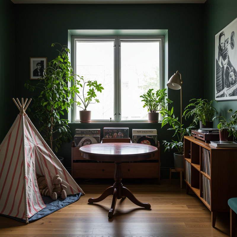 Cozy Dark Green Room with Kids' Tent and Records Cozy Dark Green Room with Kids' Tent and Records