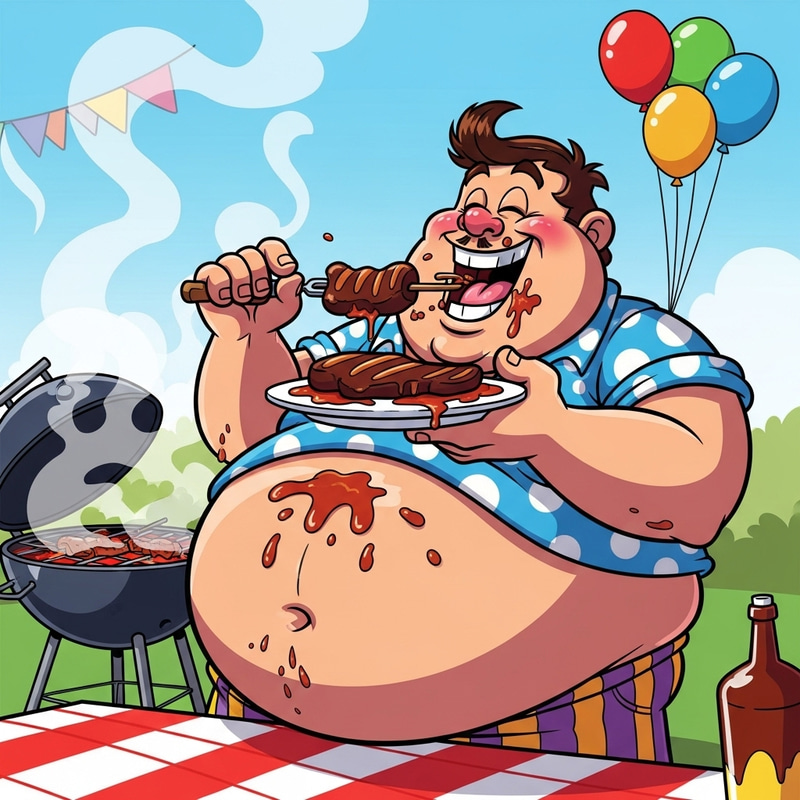 Funny Fat Cartoon Enjoying BBQ Delights Funny Fat Cartoon Enjoying BBQ Delights