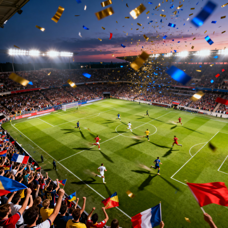 Vibrant Football Stadium Match Scene Under Twilight Sky