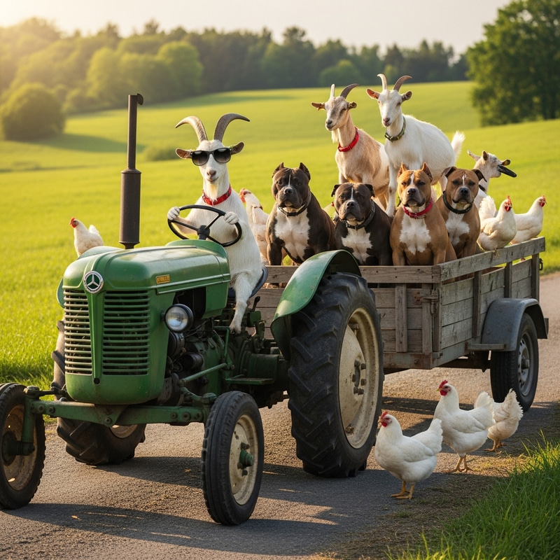 Goat Driving Antique Tractor with Goats, Dogs & Chickens Goat Driving Antique Tractor with Goats, Dogs & Chickens