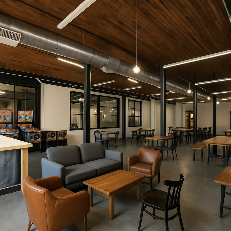 Brewery Taproom with Pinball and Cozy Seating