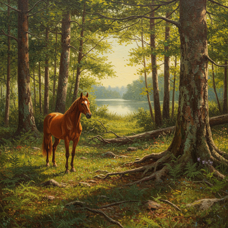 Beautiful Forest Oil Painting with a Horse Beautiful Forest Oil Painting with a Horse