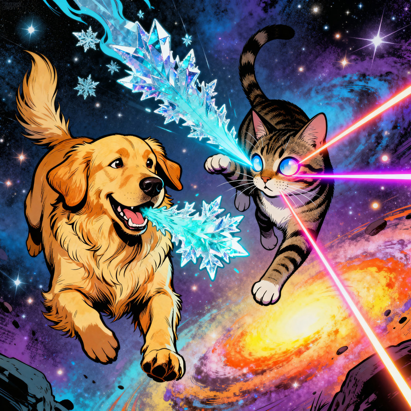 Cosmic Duel: Dog vs Cat in Pop Art Style Cosmic Duel: Dog vs Cat in Pop Art Style