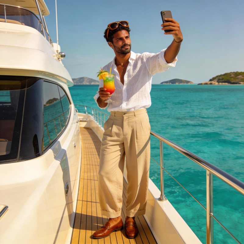 Stylish Man on a Luxury Yacht Taking a Selfie Stylish Man on a Luxury Yacht Taking a Selfie