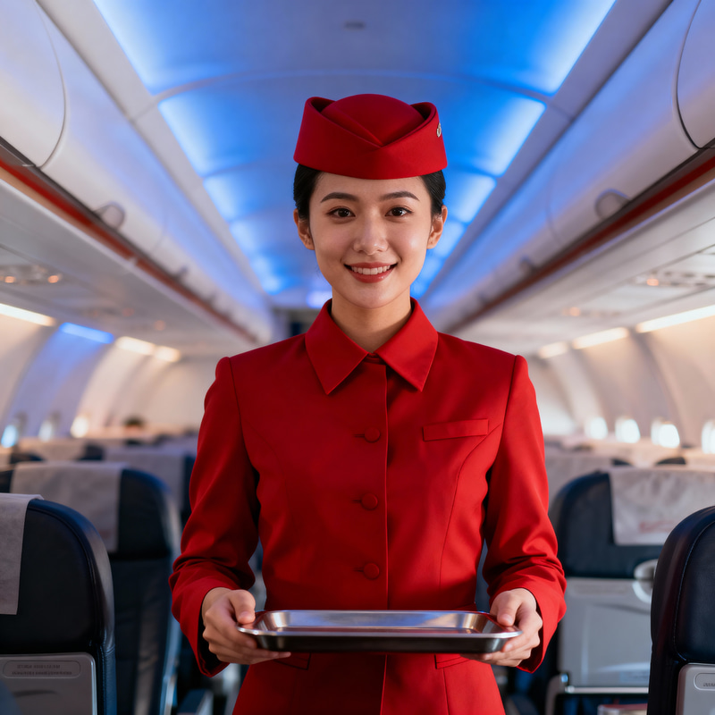 Flight Attendant in Red Uniform Serving Customers Flight Attendant in Red Uniform Serving Customers