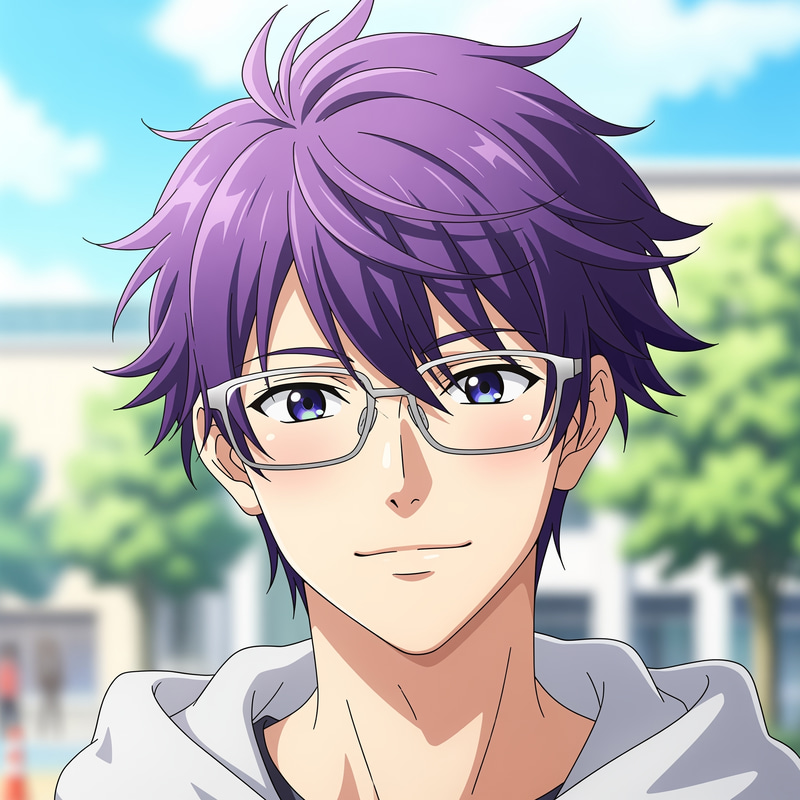 Anime Styled Young Man with Purple Hair and Glasses