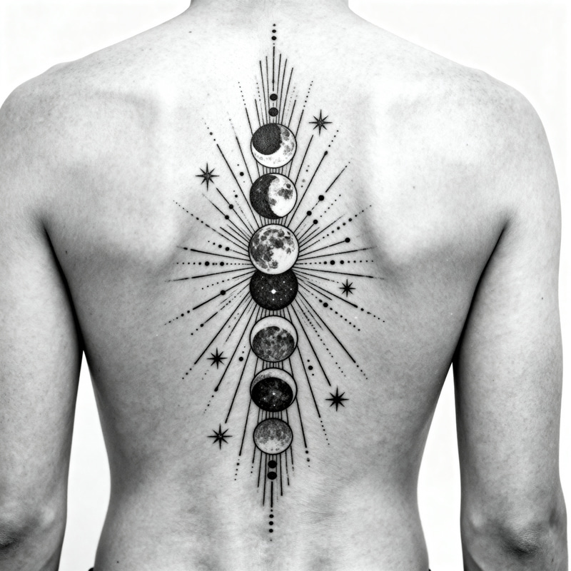 Stunning Spine Tattoo: Moon Phases & Line Art