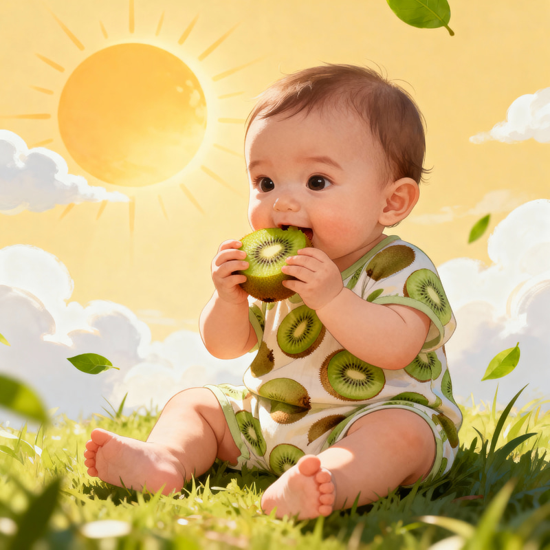 Baby in Kiwi Dress Enjoying a Kiwi Snack