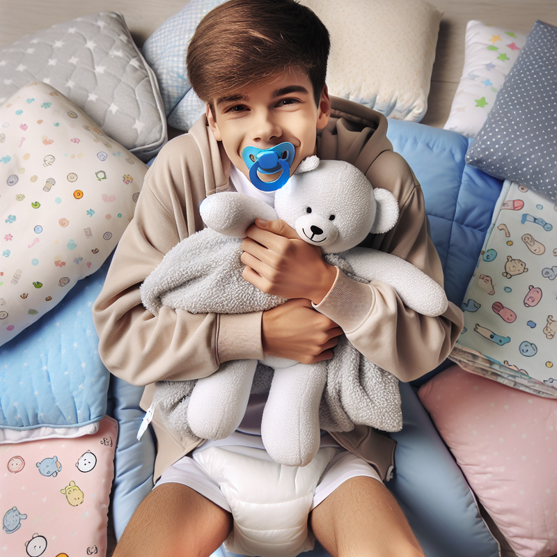 Playful Boy in Onesie with Security Blanket Playful Boy in Onesie with Security Blanket