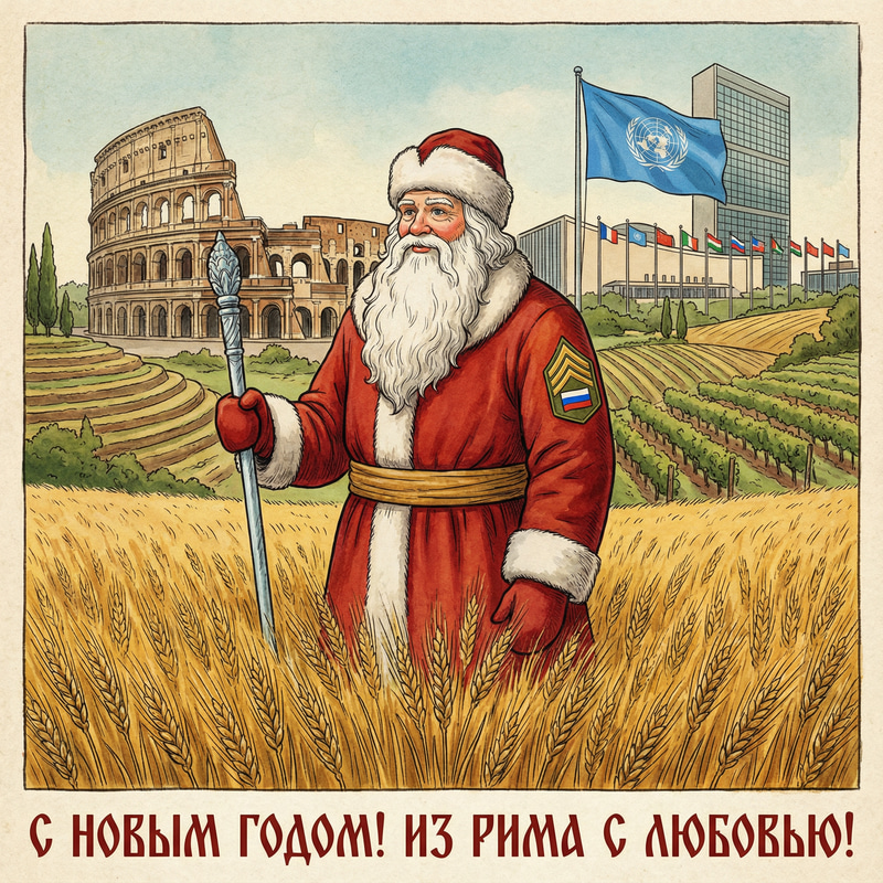 Russian Santa in Rome with UN Flag and Wheat Fields Russian Santa in Rome with UN Flag and Wheat Fields