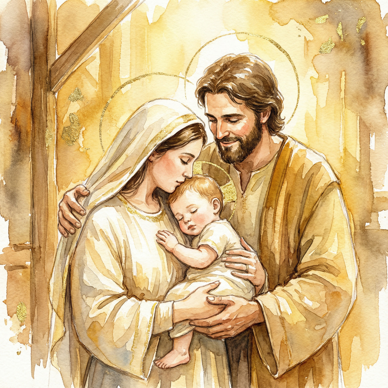 Warm Watercolor of Mary, Joseph & Baby Jesus Warm Watercolor of Mary, Joseph & Baby Jesus